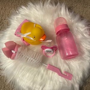 Baby duck & rag, baby bottle, baby pacifier, baby bottle cleaner